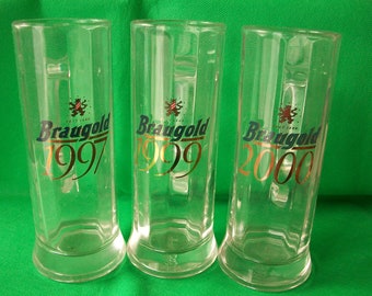 Set of 3 vintage beer glasses from the Erfurt "Braugold" brewery