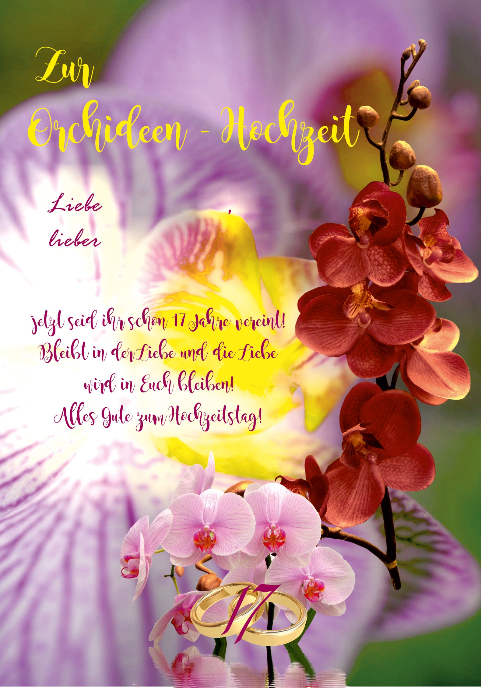 Glückwünsche, Karte Hochzeitstag Orchideen Hochzeit, 17. Hochzeitstag