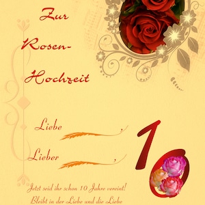 Karte zur Rosen-Hochzeit, 10. Hochzeitstag  - als personalisierten Ausdruck