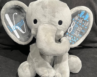 Personalized Birthing Stats Elephant, Birth Announcement, Newborn Gift, Baby Gift, Welcome Home Baby, Shower Gift, Stuffed Animal Gift, Baby