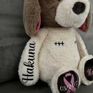 Pode incluir: C&atilde;o de pel&uacute;cia branco e marrom com orelhas cor-de-rosa e uma fita rosa em uma pata. O c&atilde;o tem costuras pretas no peito e as palavras "Hakuna Matata" bordadas em um bra&ccedil;o. A pata com a fita tem a data "03/24/22" bordada.
