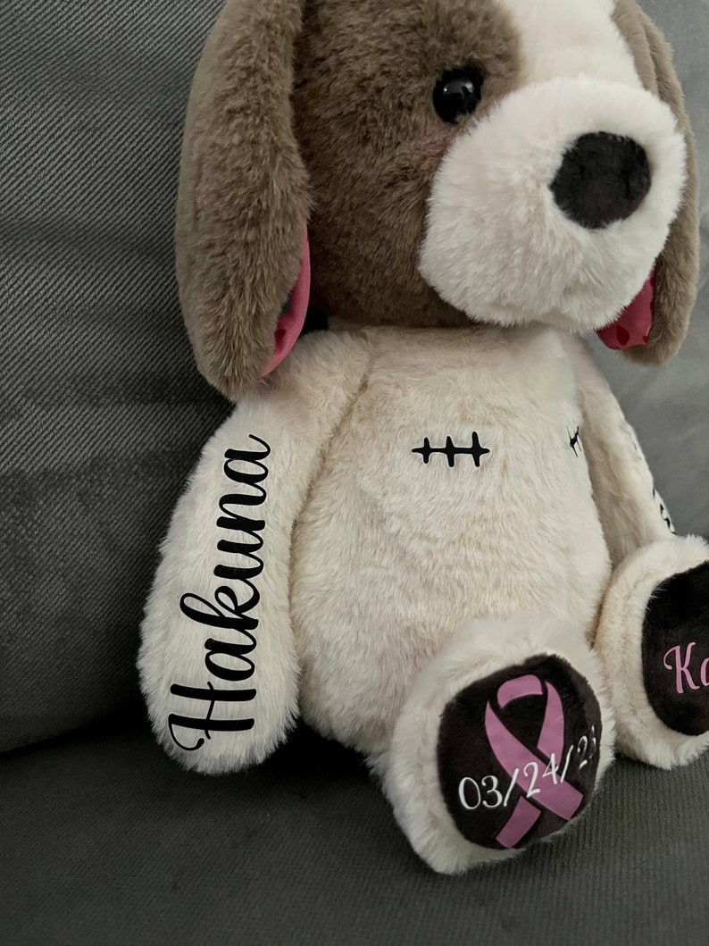 Pode incluir: C&atilde;o de pel&uacute;cia branco e marrom com orelhas cor-de-rosa e uma fita rosa em uma pata. O c&atilde;o tem costuras pretas no peito e as palavras "Hakuna Matata" bordadas em um bra&ccedil;o. A pata com a fita tem a data "03/24/22" bordada.