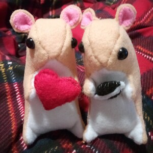 May include: Two plush brown and white hamster toys. One hamster is holding a red heart and the other is holding a black and white cookie.