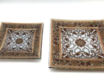 Prato quadrado decorativo de vidro israelense pintado à mão, 27 cm x 35 cm (conjunto)