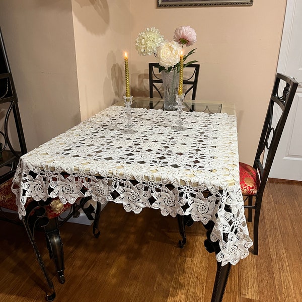 Hand crocheted white cotton tablecloth-vintage lace rectangular tablecloth-hand knitted scalloped flowers tablecloth- farmhouse table cloth