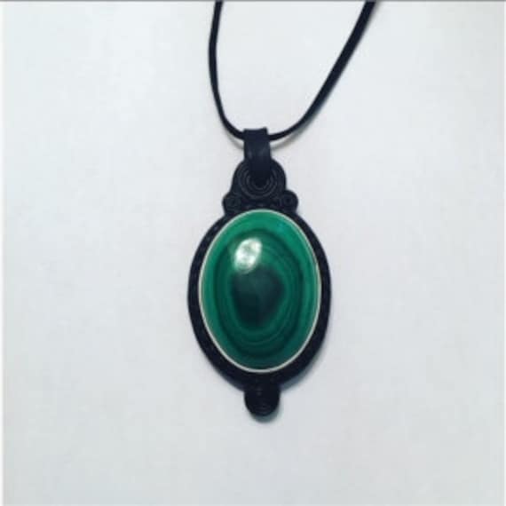 Antique pendant made from leather and malachite. - image 1