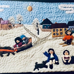 Vintage textile wall decor-winter fun textile wall art-mini sculpture textile wall art-handmade collectible textile picture-luxury gift
