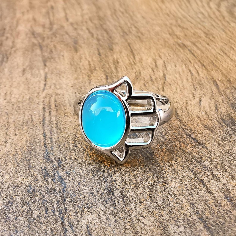 Rhodiumwhite gold bathed Hamsa Ring set with a natural Brazilian Gemstone A beautiful dainty ring with great positive energy.