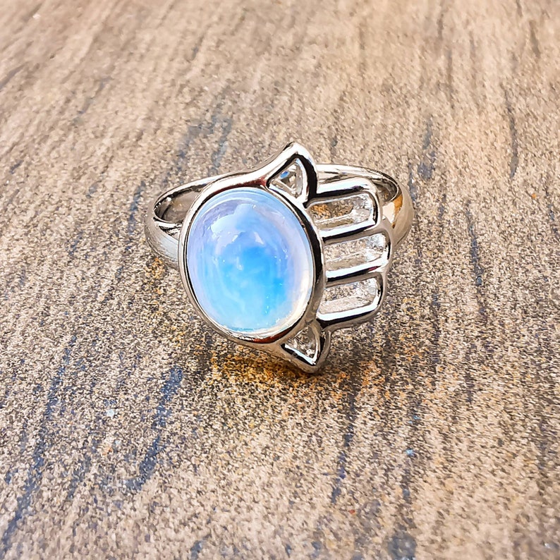 Rhodiumwhite gold bathed Hamsa Ring set with a natural Brazilian Gemstone A beautiful dainty ring with great positive energy.