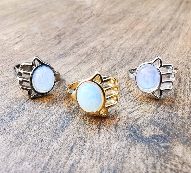 Rhodiumwhite gold bathed Hamsa Ring set with a natural Brazilian Gemstone A beautiful dainty ring with great positive energy.