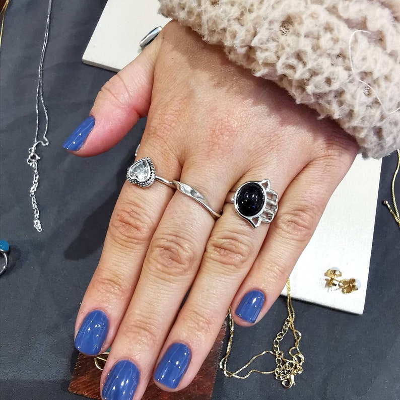 Rhodiumwhite gold bathed Hamsa Ring set with a natural Brazilian Gemstone A beautiful dainty ring with great positive energy.