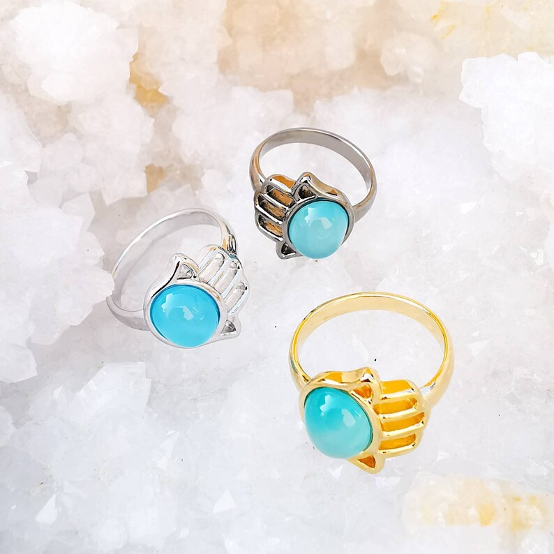 Rhodiumwhite gold bathed Hamsa Ring set with a natural Brazilian Gemstone A beautiful dainty ring with great positive energy.