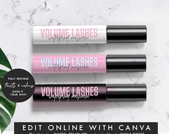 May include: Editable template for a mascara label with the text "VOLUME LASHES waterproof mascara" in pink and black lettering on a pink background. The template is 2.1875 inches by 1.8125 inches and can be customized using Canva.