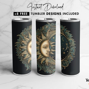 Sun And Moon Tumbler Sublimation Design, 20 oz Skinny Tumbler Wrap, Straight and Tapered PNG Files + 8 Free Beautiful Tumbler Designs