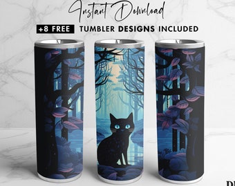 Cat 20 oz Skinny Tumbler Sublimation Design Template, Forest Digital Art, Straight Tumbler, Tapered PNG, Sublimation Wrap Design PNG