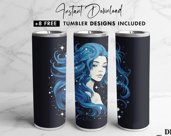 Girl Tumbler Sublimation Design, Manga 20 oz Skinny Tumbler Wrap, Retro Straight and Tapered PNG Files + 8 Free Designs, Digital download