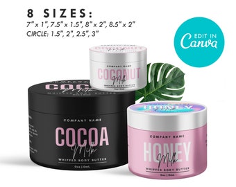 Body Product Jar label, DIY Wrap Around label + Lid Labels, CANVA Template, Editable Body Butter Cream Design, Candle, Multiple label sizes