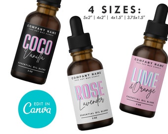 Editable Dropper bottle label, DIY Boston Round Bottle Essential Oil Label, CANVA, Customizable Pink Label Template Design, Body Oil 4 Sizes