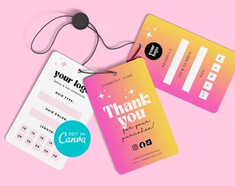 Retro Business Hang Tag, Boutique Pink Gradient Clothing Tag Template, Stylish Hair Bundles Product Tag, DIY Hang Tags, Editable Retail Tags