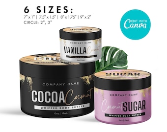 Editable Product Label Template, DIY Wrap Around Jar +  Lid Label, CANVA, Body Butter Cream, Faux GOLD Label Design, Candle, Multiple sizes