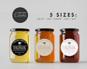 Ediable Honey Labels, DIY Editable Template Design, Honey Round Sticker, Bee Product Labels, Honey Jar Round Label, Canva template