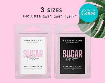 DIY Wax Melt Label Template Canva, Editable Snap-Bar Clamshell Label, DIY Customizable Wax Tart Label Template, Stylish Pink Design, 3 sizes