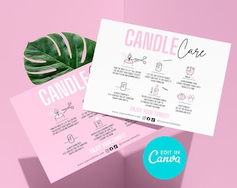 Pode incluir: Um guia imprimível rosa e branco com instruções sobre como cuidar de velas. O guia inclui dicas sobre como aparar os pavios, o tempo de queima e precauções de segurança. O texto inclui as palavras "Candle Care" e "Enjoy Your Candle!"
