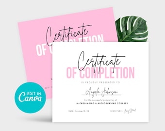 Certificate of Completion template, Editable Achievement Certificate, Pink DIY Lash Brow Salon, Beauty Certificate Award 8.5" x 11"