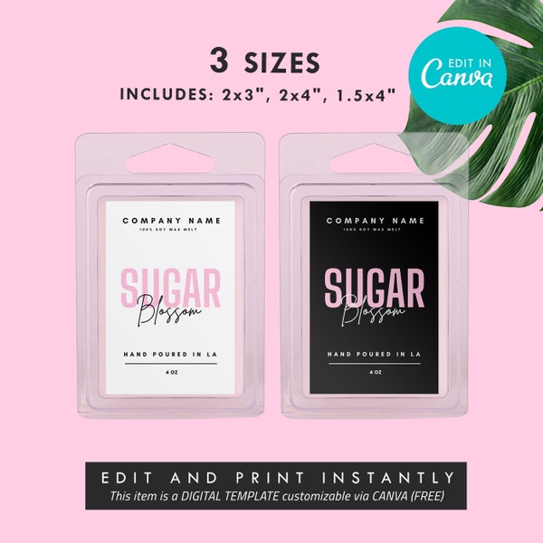 DIY Wax Melt Label Template Canva, Editable Snap-Bar Clamshell Label, DIY Customizable Wax Tart Label Template, Stylish Pink Design, 3 sizes