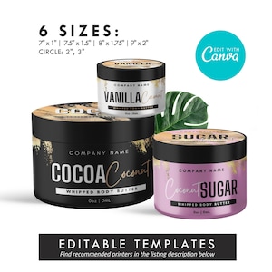 Può includere: Tre barattoli di burro corporeo montato di diverse dimensioni con etichette che recitano "Cocoa Coconut", "Vanilla Coconut" e "Coconut Sugar". I barattoli sono su uno sfondo bianco con una foglia verde dietro di loro. Il testo "6 SIZES" è nella parte superiore dell'immagine, seguito da un elenco di dimensioni in pollici. Il testo "EDIT WITH Canva" è in un cerchio blu nella parte superiore destra dell'immagine.