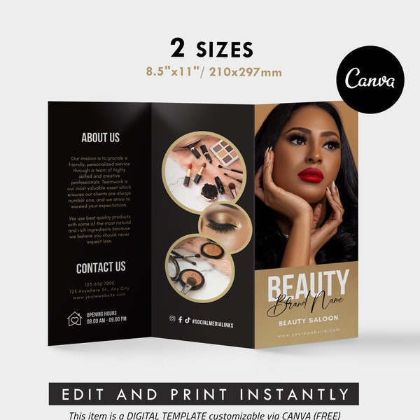 Brochure Template, CanvaEditable Beauty Salon Leaflet, DIY Price List, Black and Gold Printable Broshure Design, Hair Style, Nils, Lashes