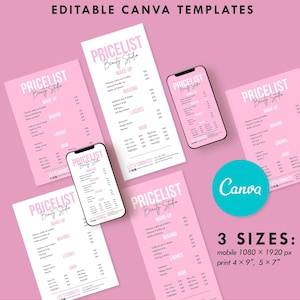 DIY Digital Price List Set, Canva Editable template, DIY Price List, Electronic Price List Template, Business Menu template, Pink Printables