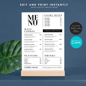 DIY Restaurant Menu, Editable Business Menu template, Bar and Food DIY template, Minimalist Printable Price List Template, 8.5" x 11" A4