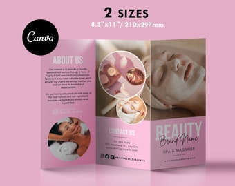 Canva DIY Trifold Brochure Template, Editable Beauty Pink Style Salon Leaflet, Spa Price List, Printable Pamphlet Massage Broshure Design