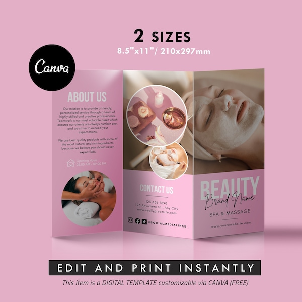 Canva DIY Trifold Brochure Template, Editable Beauty Pink Style Salon Leaflet, Spa Price List, Printable Pamphlet Massage Broshure Design