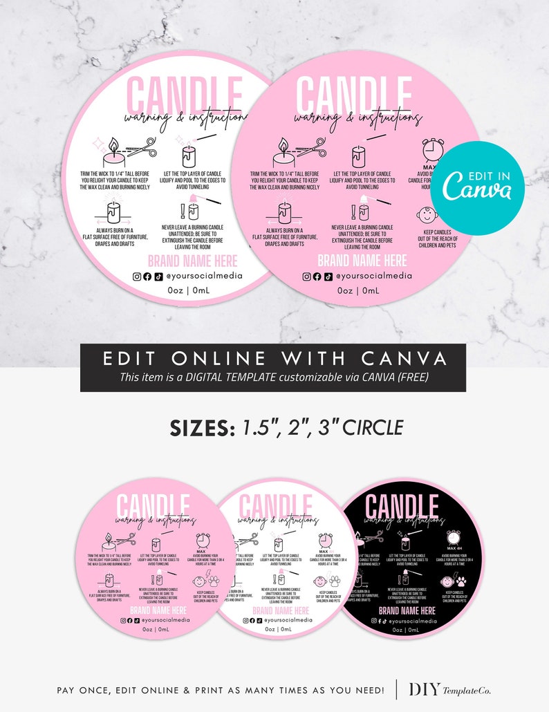 Candle Warning Label Template, Editable Candle Warning Sticker, Candle Care Printable Warning Instructions, Canva Template DIY product label 画像 2