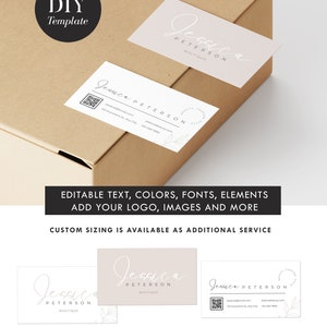 May include: A customizable business card template featuring a light pink background with a handwritten name, "Jessica Peterson Boutique", in white script. The template includes editable text, colors, fonts, elements, and space to add a logo and images. The template size is 3.5 x 2 inches.