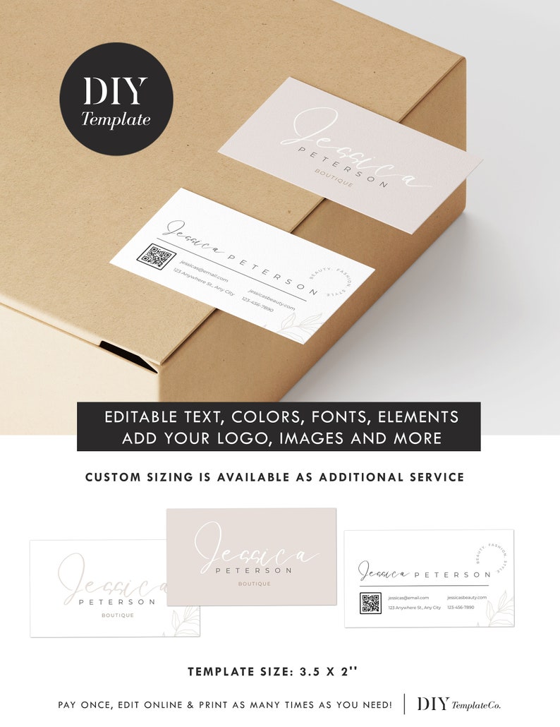 May include: A customizable business card template featuring a light pink background with a handwritten name, "Jessica Peterson Boutique", in white script. The template includes editable text, colors, fonts, elements, and space to add a logo and images. The template size is 3.5 x 2 inches.