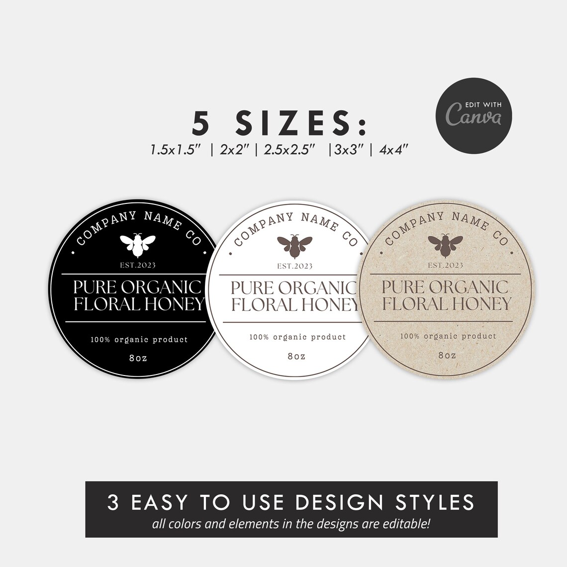 Ediable Honey Labels, DIY Editable Template Design, Honey Round Sticker ...