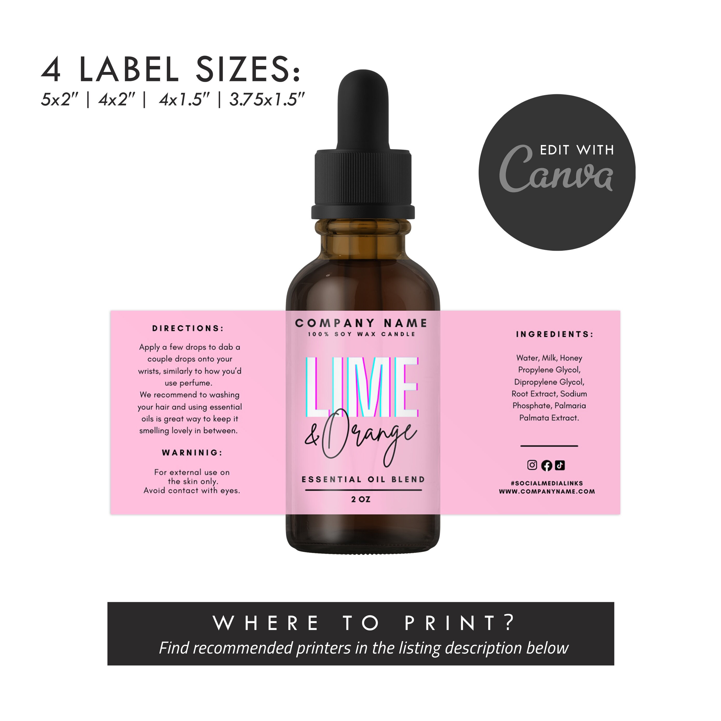 Editable Dropper Bottle Label, DIY Boston Round Bottle Essential Oil ...