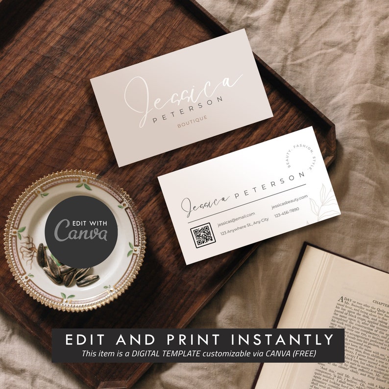 May include: A white business card with a black and white floral design. The card has the text "Jessica Peterson" and "Jessica's Beauty" with a website address and phone number. The text "Edit with Canva" is on a black circle on a gray background.