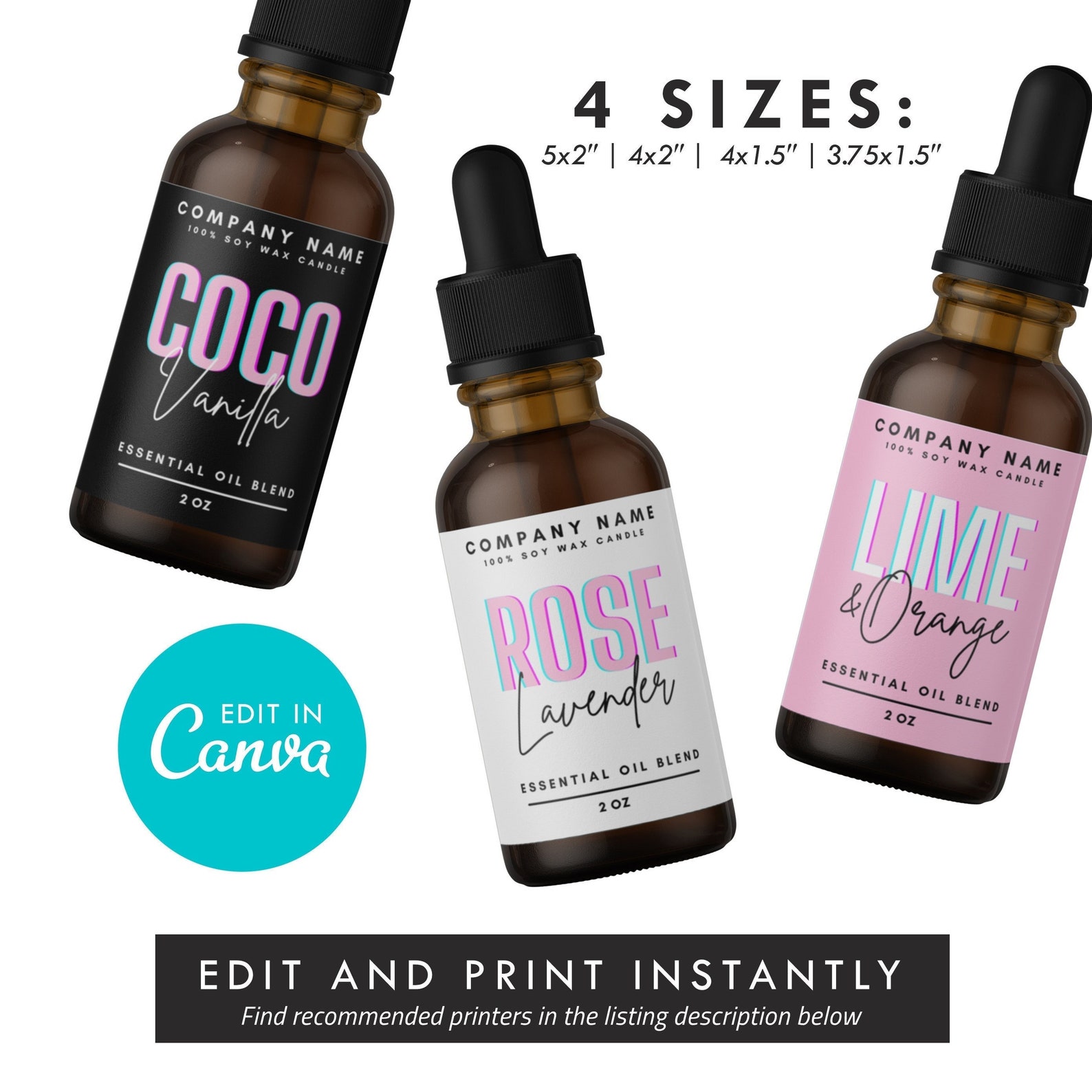 Editable Dropper Bottle Label, DIY Boston Round Bottle Essential Oil ...