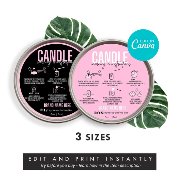 Candle Warning Label Template, Editable Candle Warning Sticker, Candle Care Printable Warning Instructions, Canva Template DIY product label