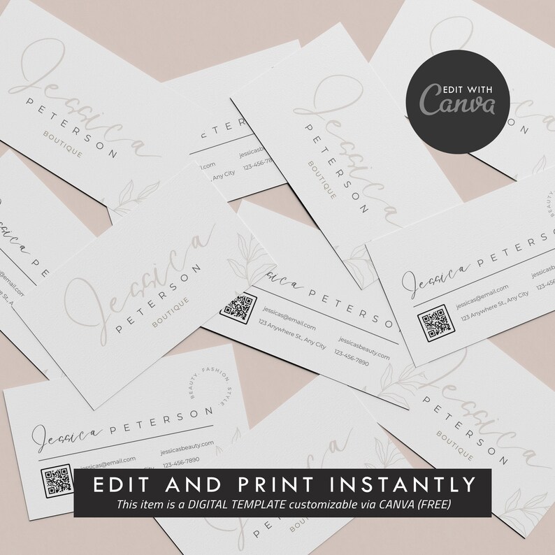 May include: A digital template for a business card featuring a minimalist design with a handwritten name, "Jessica Peterson Boutique", and a floral illustration. The template is customizable using Canva and includes a QR code and contact information.