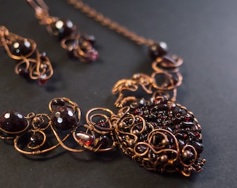 Handgefertigte Kupfer Granat Halskette & Ohrringe: Granat Obst Schmuck Set