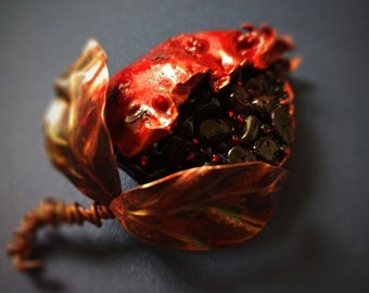 Garnet pomegranate jewelry brooch Pomegranate with leaves branch pin Metalsmith jewelry Valentines gift  Big pomegranate  juicy fruit brooch