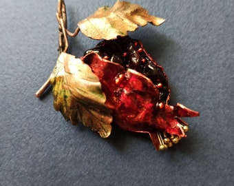 Garnet Pomegranate jewelry brooch Coat /jacket gemstone statement  Pomegranate with leaves pin Symbolic jewelry for her Valentines gift