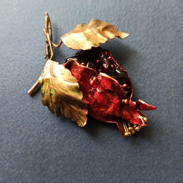 Garnet Pomegranate jewelry brooch Coat /jacket gemstone statement  Pomegranate with leaves pin Symbolic jewelry for her Valentines gift