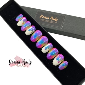 Reusable Press On Nails Rainbow & White Drip Nails Matte Nails Stiletto Coffin Square Shape
