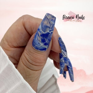 Reusable Hand Made Press On Nails Reusable Blue Marble Gel Design False Nails Silver Metalic Chrome Nails image 7